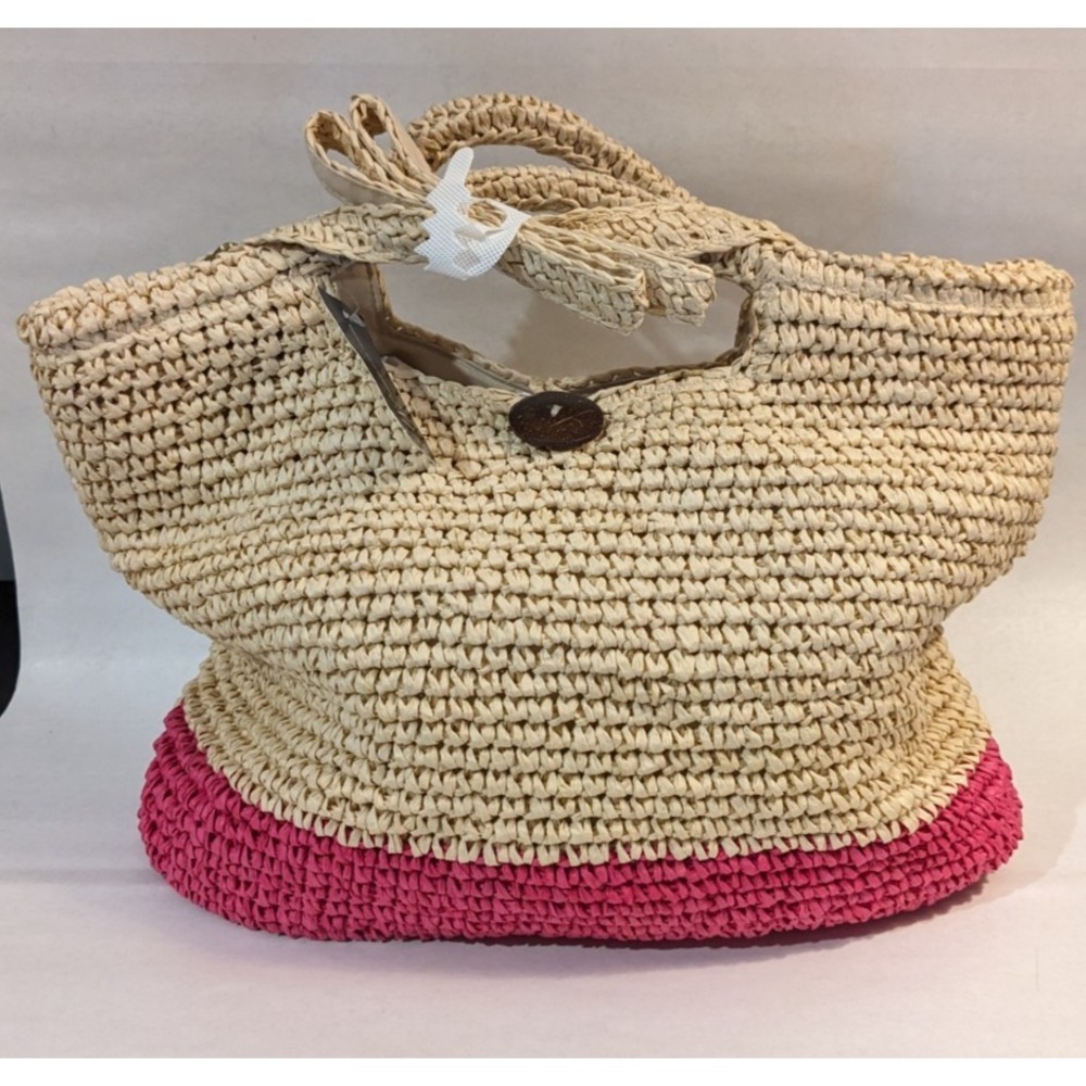 INC Woven Tote Bag Purse Pink Natural Raffia Straw Like Boho Beach Summer NWT